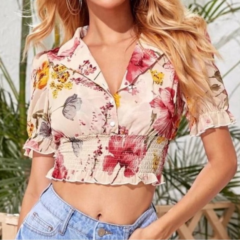 SHEIN Short Sleeve Chiffon Button Up Collared Floral Blouse Crop Top Size Large